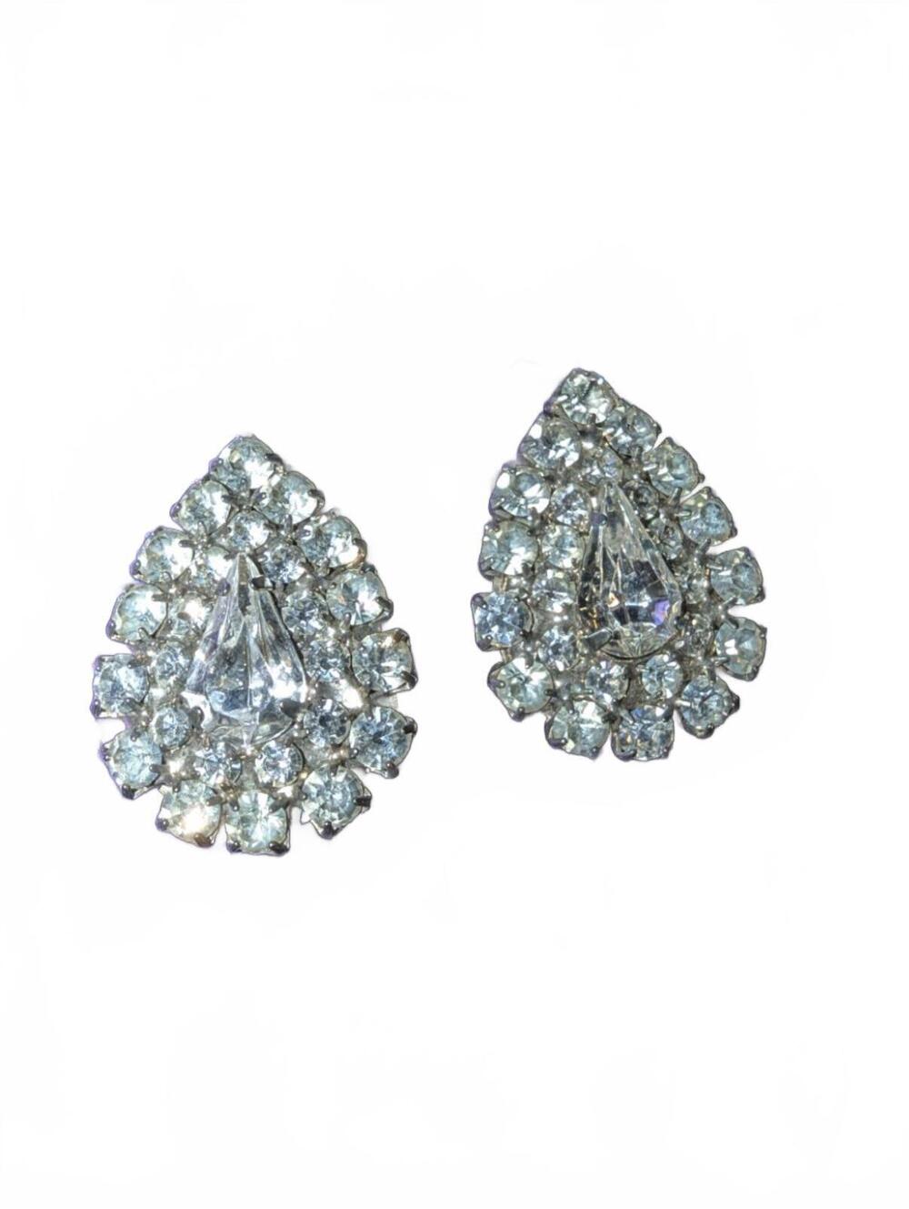 Vintage Clear Rhinestone Teardrop Clip-On Earrings